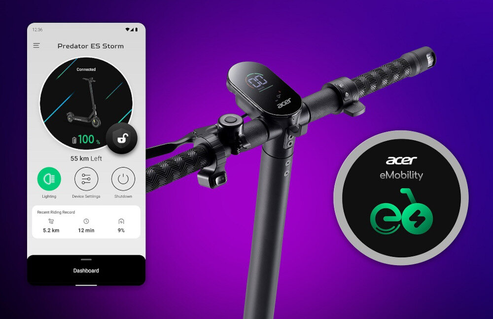 Obraz przedstawia kierownicę hulajnogi elektrycznej z wyświetlaczem, na którym widnieje logo \'acer\'. Obok znajduje się ekran aplikacji mobilnej z informacjami o hulajnodze oraz okrągłe logo \'acer eMobility\' z zielonym symbolem hulajnogi.