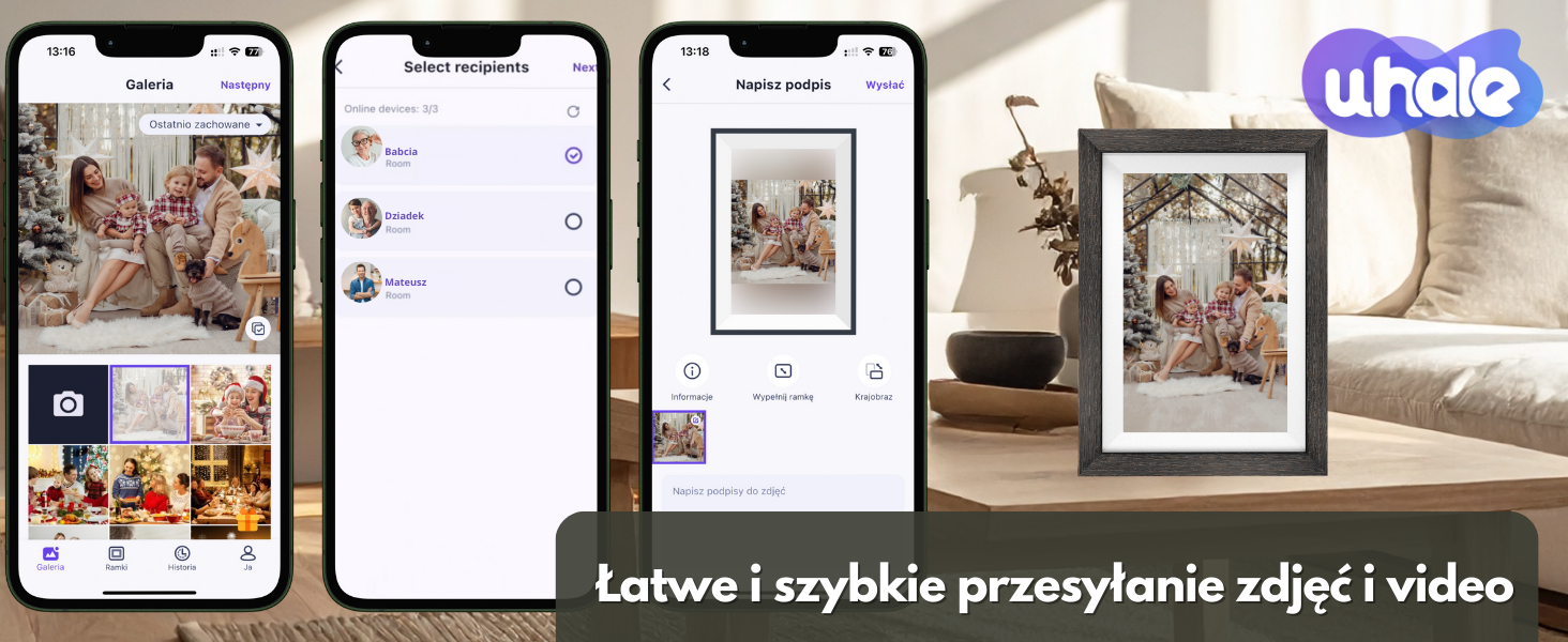 Obraz przedstawia trzy ekrany smartfonów z aplikacją do przesyłania zdjęć oraz cyfrową ramkę na zdjęcia. Na dole widnieje napis \'Łatwe i szybkie przesyłanie zdjęć i video\', a w prawym górnym rogu znajduje się logo \'uhale\'.