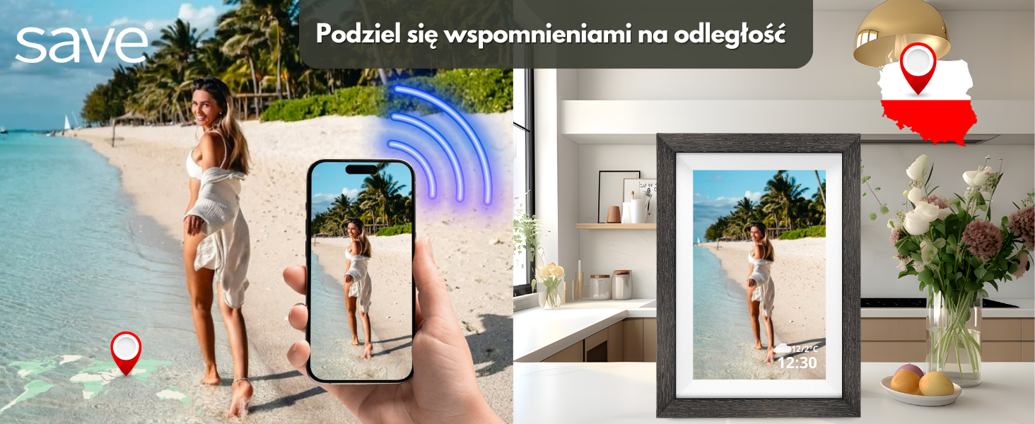 Obraz przedstawia kobietę na plaży, obok której znajduje się telefon z jej zdjęciem oraz cyfrowa ramka na zdjęcia z tym samym obrazem. Na górze widnieje napis \'Podziel się wspomnieniami na odległość\', a w tle widać mapę Polski z zaznaczoną lokalizacją.