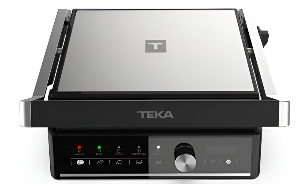 Na obrazie widoczny jest grill elektryczny z logo \'TEKA\' na przednim panelu. Panel sterowania zawiera przyciski z ikonami i pokrętło, a na pokrywie znajduje się logo \'T\'.