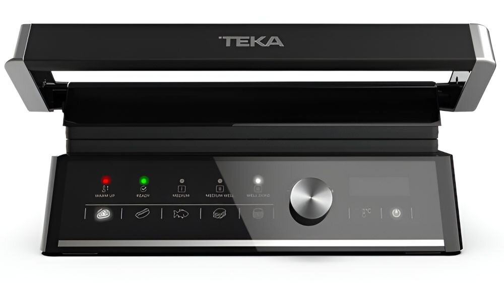 Grill elektryczny z logo \'TEKA\' na pokrywie, posiada panel sterowania z przyciskami i pokrętłem oraz wskaźnikami świetlnymi. Widoczne ikony wskazują na różne tryby gotowania.