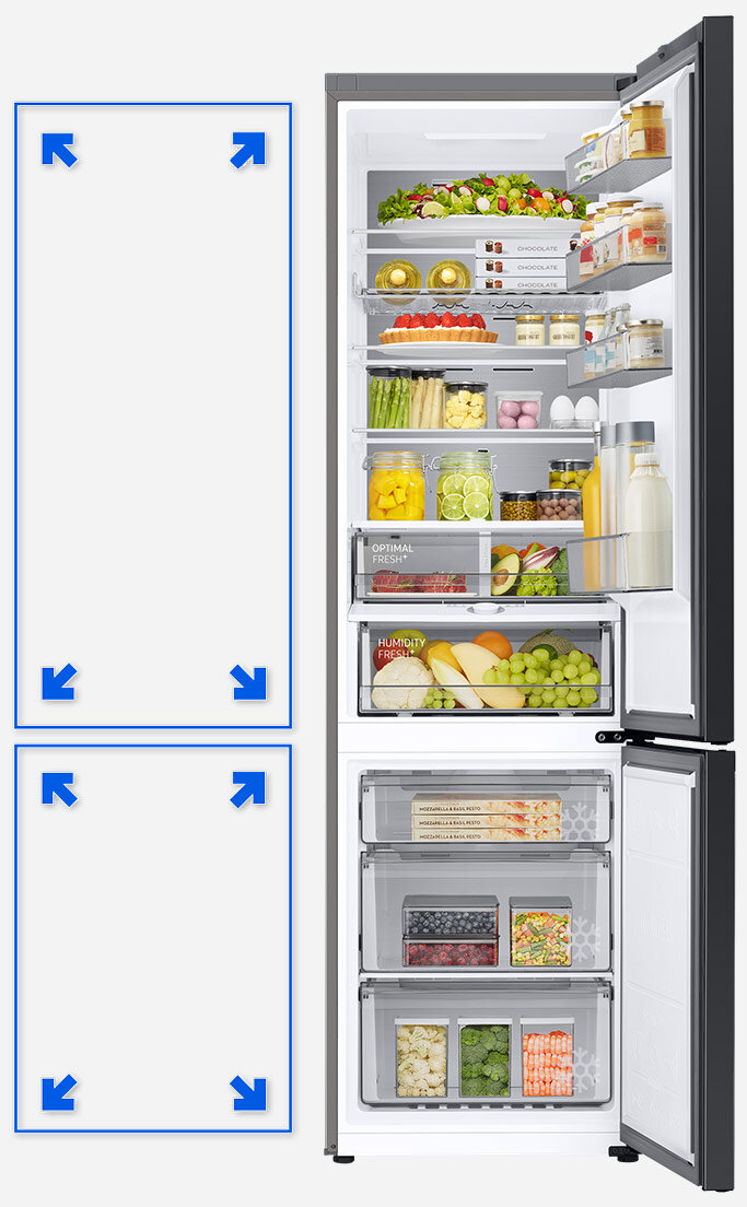 Otwarta lodówka z widocznymi półkami wypełnionymi różnorodnymi produktami spożywczymi, takimi jak owoce, warzywa, napoje i jajka. Na drzwiach lodówki znajdują się dodatkowe półki z butelkami i słoikami.
