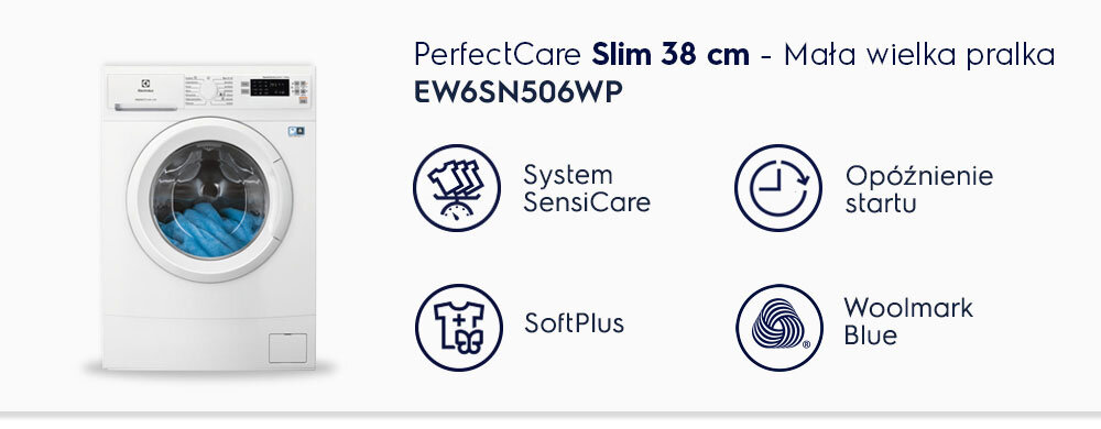 Obraz przedstawia pralkę z widocznym bębnem i panelem sterowania. Obok znajdują się ikony z napisami: \'System SensiCare\', \'Opóźnienie startu\', \'SoftPlus\', \'Woolmark Blue\'.