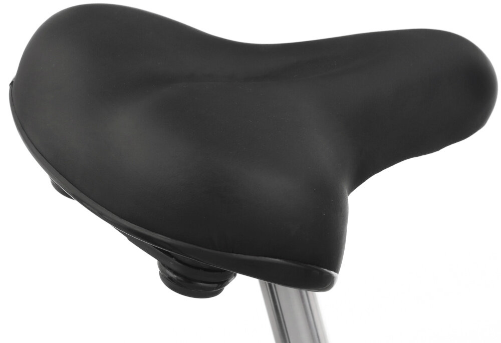 Rower miejski INDIANA Moena S3B 28 cali Biały zbliżenie na siodełko białe tło siodełko oparte na elastomerach prosta sztyca ogranicza odczuwanie drgań elastomery przejmują część wstrząsów mniejsze obciążenie prosta sztyca stabilizuje pozycję siodełka i wspiera pewne utrzymanie pozycji