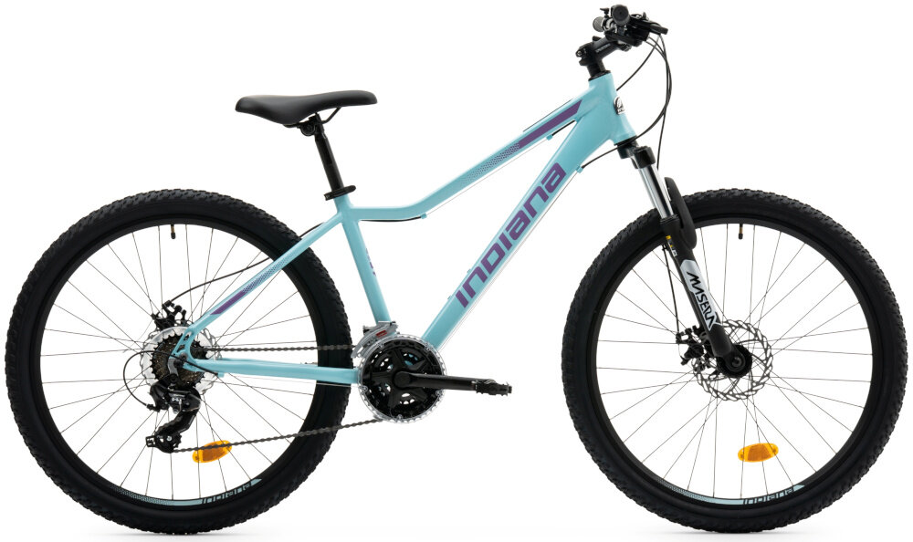 Rower górski MTB INDIANA X-Pulser 2.6 D15 26 cali damski Lazurowo-fioletowy rower na białym tle widoczny z boku pasja jazda na rowerze środek transportu