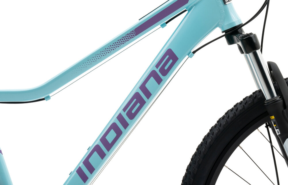 Rower górski MTB INDIANA X-Pulser 2.6 D15 26 cali damski Lazurowo-fioletowy zbliżenie na ramę widok z góry białe tło komfort kontrola nad rowerem 15-calowa aluminiowa rama rower jest bardzo zwinny lekki waga 15,5 kg łatwo podnieść go odporność na korozję wybór rozmiaru ramy Twój wzrost mierzony w zrelaksowanej pozycji typ roweru dla osób o wzroście od 154 do 165 cm