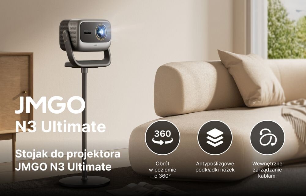 Stojak podłogowy JMGO J03-7P2 do projektora JMGO N3 Ultimate stabilna konstrukcja gimbal X cztery pozycje blokowania, proijektor na stojaku stojący w pomieszczeniu