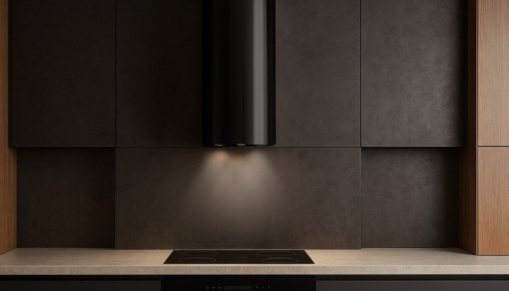 OKAP AKPO WK-4 Balmera WL Slim Nad płytą grzejną zawieszony jest biały, cylindryczny okap z panelem przycisków na froncie. Po bokach stoją wazon z gałązkami oraz drewniane akcesoria kuchenne, które ocieplają aranżację.