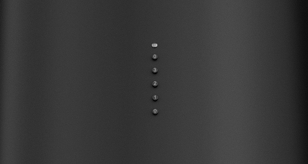 OKAP AKPO WK-4 Balmera WL Slim Na zbliżeniu widać panel sterowania białego okapu z pięcioma przyciskami oznaczonymi cyframi 0, 1, 2, 3 oraz symbolem lampki. Przyciski umożliwiają wybór prędkości pracy urządzenia oraz włączenie oświetlenia sterowanie przyciskami cicha praca 69 db wydajna łatwe sterowanie