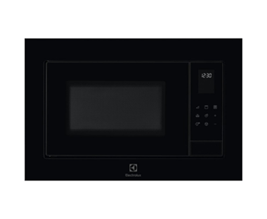 Czarna kuchenka mikrofalowa z panelem dotykowym i wyświetlaczem pokazującym godzinę 12:30. Na dole widoczne jest logo Electrolux.