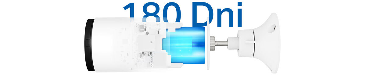Obraz przedstawia schemat kamery zewnętrznej z widocznymi wewnętrznymi elementami oraz tekstem \'180 Dni\'.