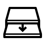 Czarna ikona przedstawiająca otwartą szufladę z symbolem strzałki skierowanej w dół.