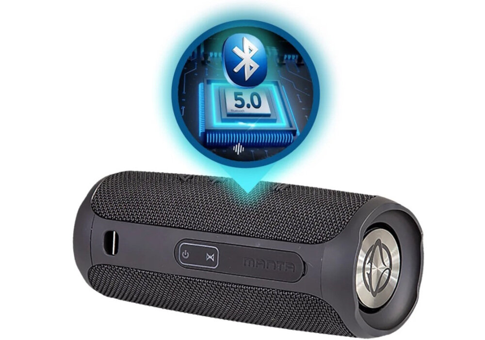 Czarny głośnik mobilny z widocznym logo MANTA i przyciskami zasilania oraz Bluetooth. Nad głośnikiem unosi się symbol Bluetooth z oznaczeniem \'5.0\'.