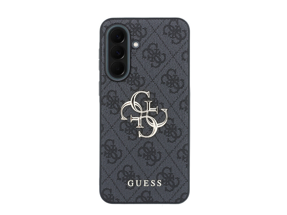Czarne etui na telefon z wzorem 4G i metalowym logo GUESS na środku. Na dole widoczny jest napis \'GUESS\'.