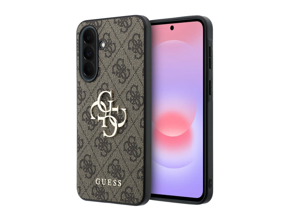 Etui na telefon z brązowym wzorem i metalowym logo \'4G\' oraz napisem \'GUESS\'. Etui jest dopasowane do modelu Samsung Galaxy A37 5G.