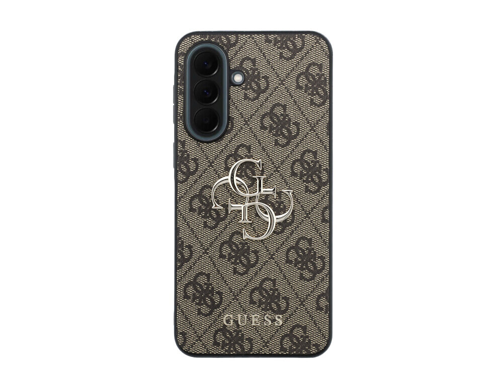 Etui na telefon z brązowym wzorem i metalowym logo \'4G\' oraz napisem \'GUESS\'.
