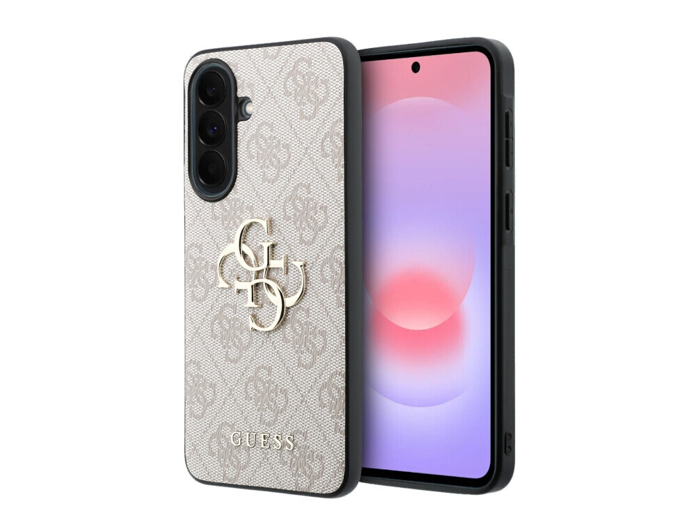 Etui na telefon z wzorem 4G i metalowym logo GUESS, w kolorze różowym, przeznaczone do Samsung Galaxy A37 5G. Obok etui widoczny jest telefon z wyświetlaczem pokazującym gradientowe tło.