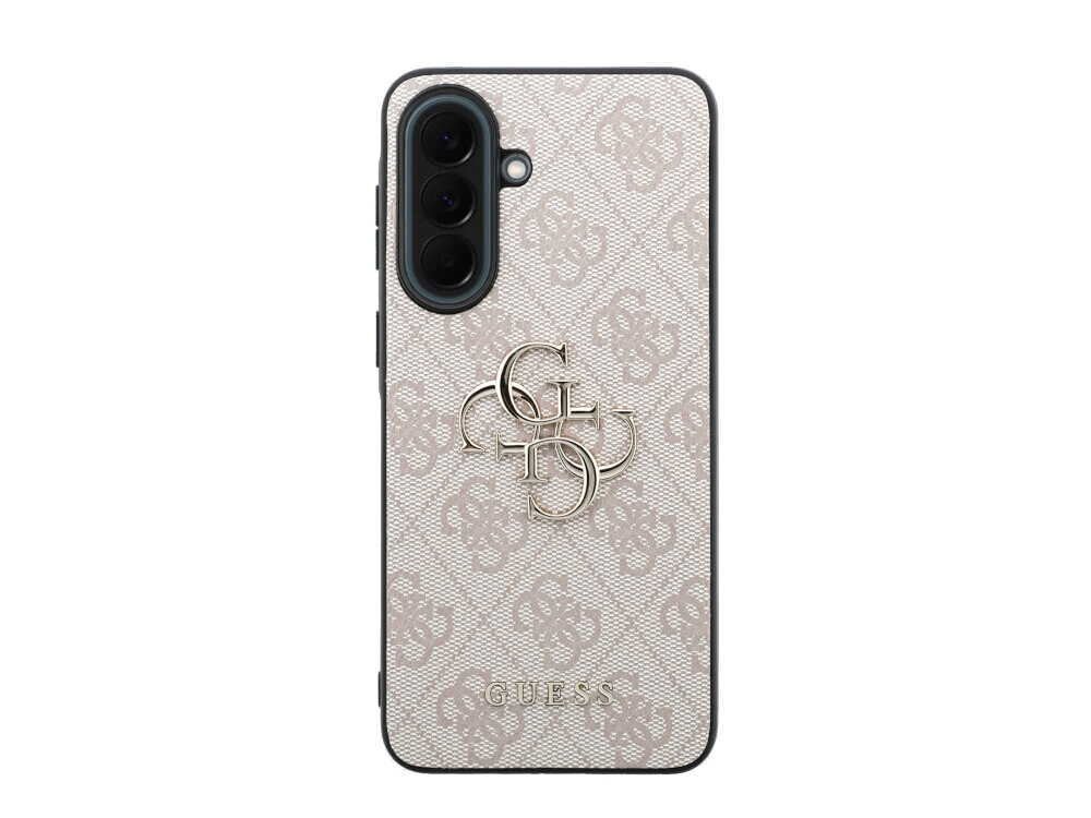 Etui na telefon z wzorem w logo i metalowym emblematem GUESS na środku. Na dole widoczny napis \'GUESS\'.