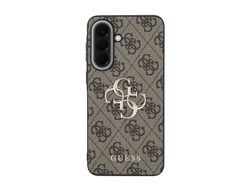 Etui na telefon z wzorem w ciemne logo na jasnym tle, z metalowym logo GUESS na środku. Na dole widoczny napis \'GUESS\'.