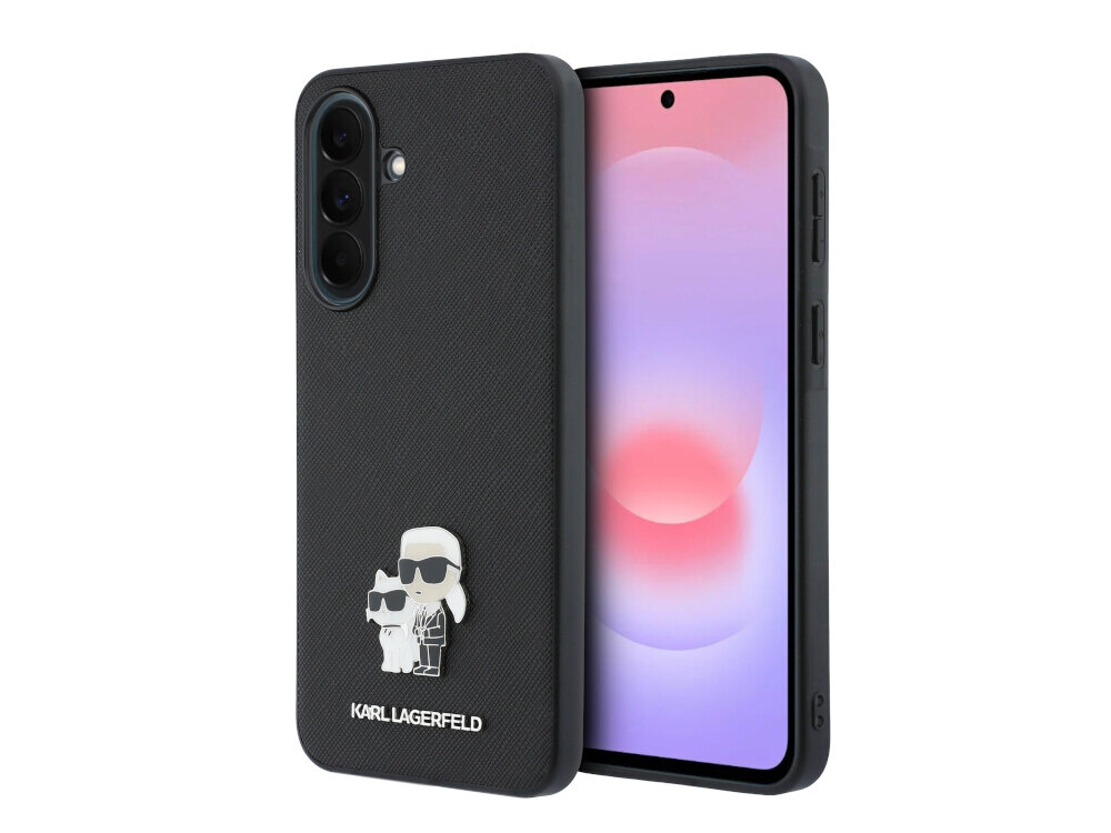 Czarne etui na telefon z wytłoczonymi postaciami i napisem \'KARL LAGERFELD\'. Obok etui widoczny jest telefon z wyświetlaczem pokazującym gradientowe tło.