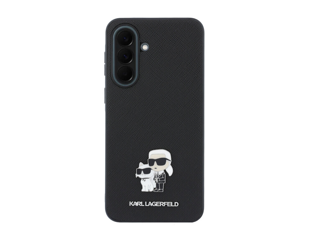 Czarne etui na telefon z grafiką przedstawiającą postać w okularach przeciwsłonecznych i kota. Na dole widnieje napis \'KARL LAGERFELD\'.