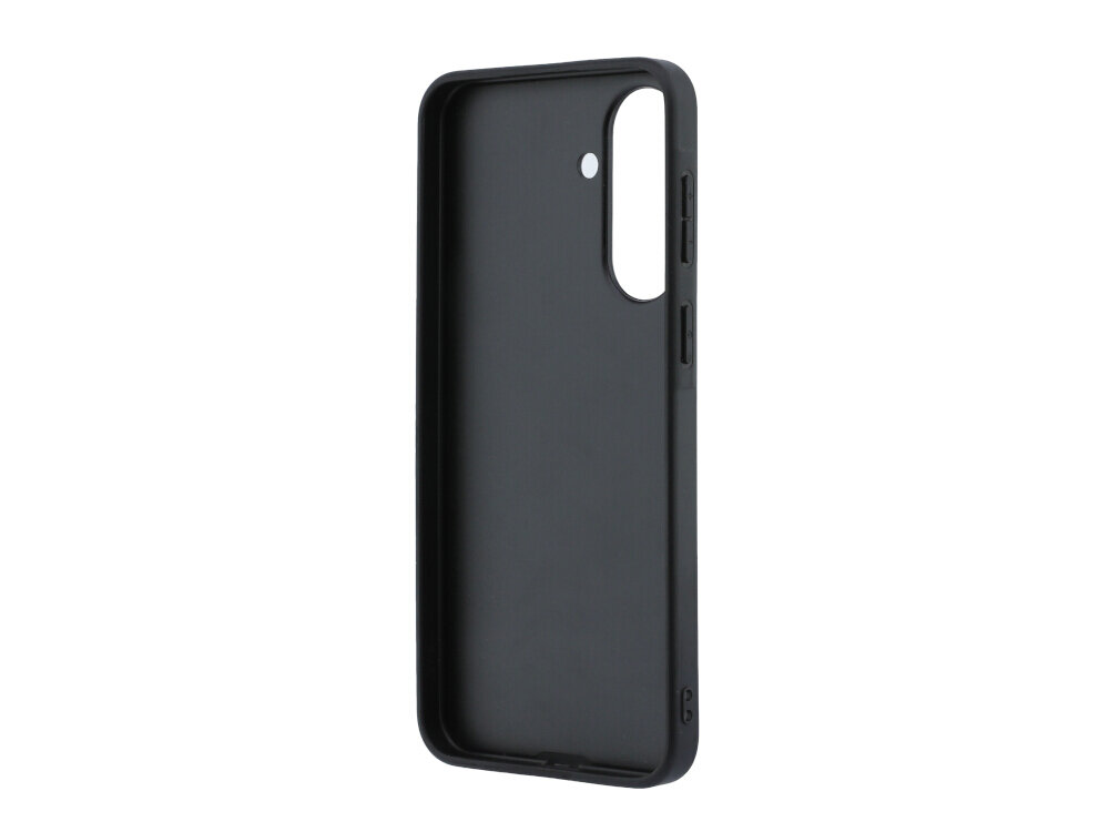 Czarne etui na telefon z wycięciami na aparat i przyciski, wykonane z materiału przypominającego skórę saffiano.
