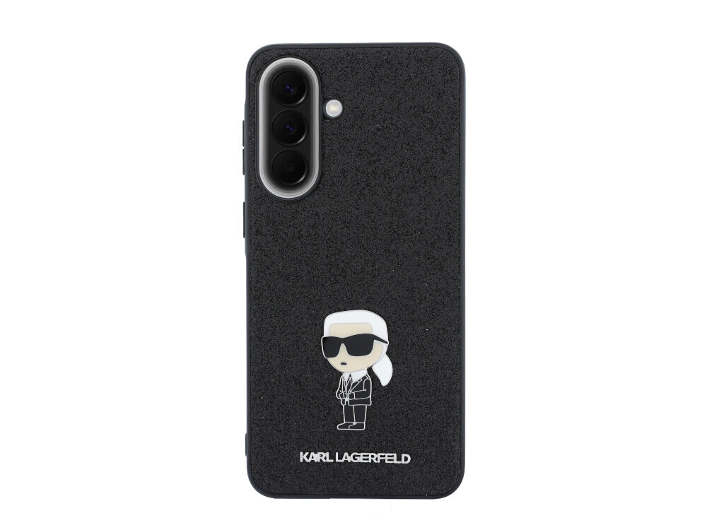 Czarne etui z brokatowym wykończeniem, ozdobione grafiką postaci w okularach przeciwsłonecznych. Na dole widnieje napis \'KARL LAGERFELD\'.