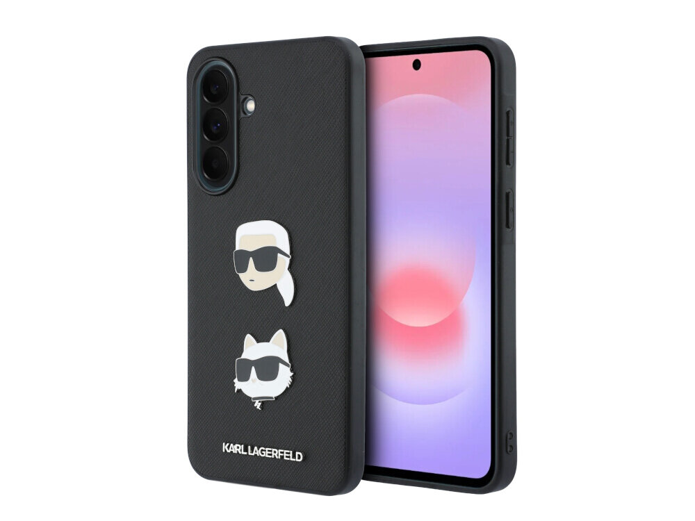 Czarne etui na telefon z dwoma grafikami przedstawiającymi postacie w okularach przeciwsłonecznych oraz napisem \'KARL LAGERFELD\'. Obok etui widoczny jest telefon z wyświetlaczem pokazującym gradientowe tło.