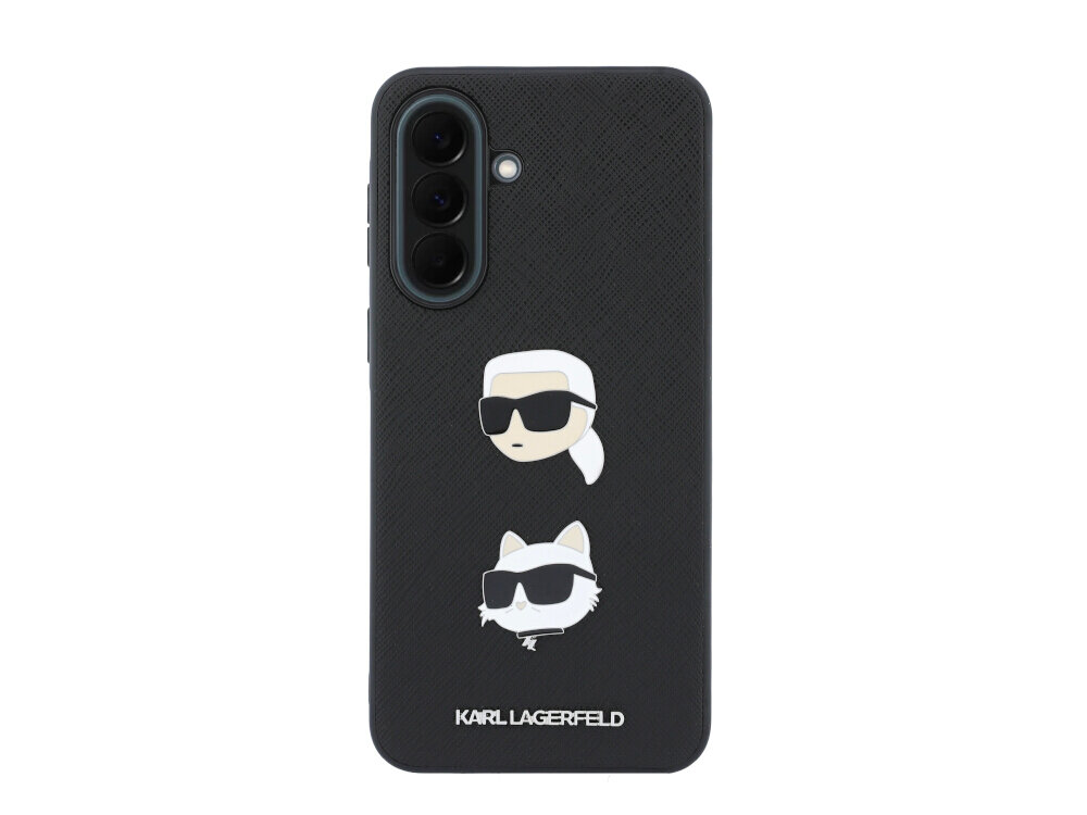 Czarne etui na telefon z dwoma grafikami przedstawiającymi postacie w okularach przeciwsłonecznych oraz napisem \'KARL LAGERFELD\' na dole. Etui posiada wycięcia na aparat i lampę błyskową.