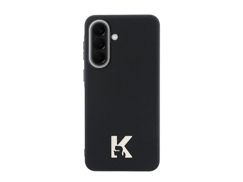 Czarne etui na telefon z logo w kształcie litery \'K\' i sylwetką głowy. Etui posiada wycięcia na aparat i przyciski boczne.