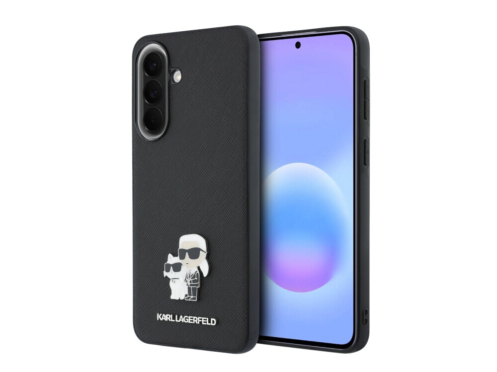 Czarne etui na telefon z wytłoczonymi postaciami i napisem \'KARL LAGERFELD\'. Obok etui widoczny jest telefon z wyświetlaczem pokazującym kolorowy gradient.