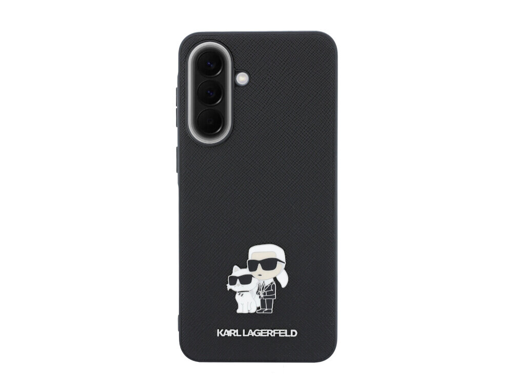 Czarne etui na telefon z grafiką przedstawiającą postać w okularach przeciwsłonecznych i kota. Na dole widnieje napis \'KARL LAGERFELD\'.