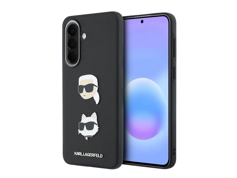 Czarne etui na telefon z dwoma grafikami przedstawiającymi postacie w okularach przeciwsłonecznych oraz napisem \'KARL LAGERFELD\'.