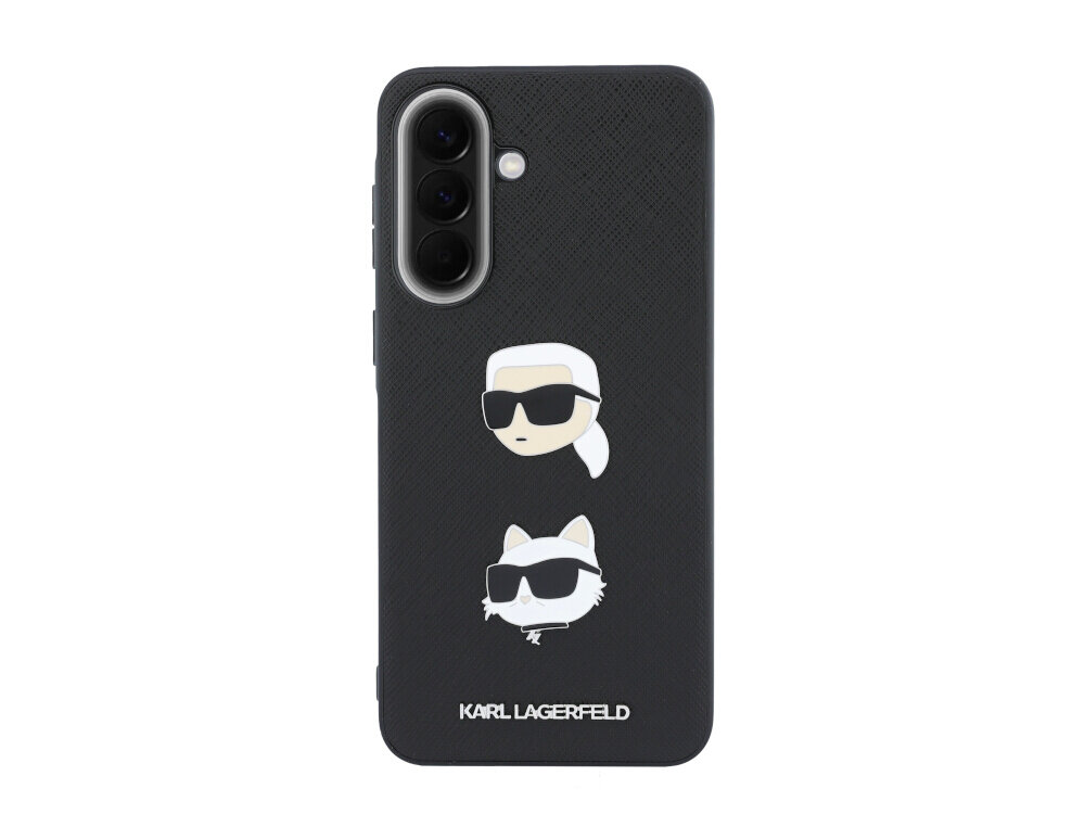 Czarne etui z dwoma rysunkowymi postaciami w okularach przeciwsłonecznych oraz napisem \'KARL LAGERFELD\' na dole.