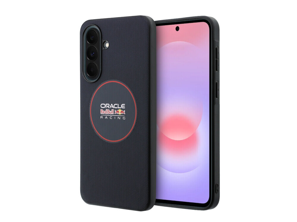 Etui na telefon w kolorze granatowym z logo \'ORACLE Red Bull RACING\' na tylnej części. Obok etui widoczny jest telefon z wyświetlaczem pokazującym gradientowe tło w odcieniach różu i fioletu.