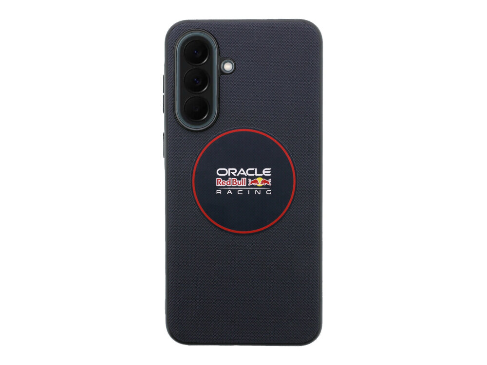 Granatowe etui na telefon z trzema otworami na aparat i logo \'ORACLE Red Bull RACING\' w czerwonym okręgu.