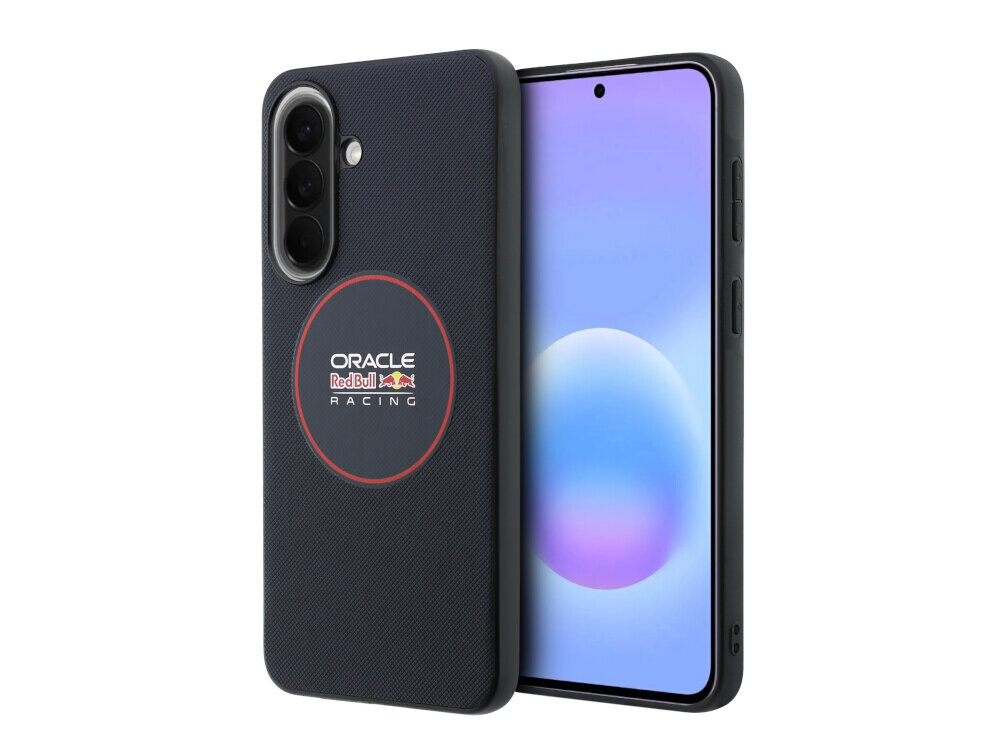 Etui na telefon w kolorze granatowym z logo \'ORACLE Red Bull Racing\' na środku. Obok etui widoczny jest telefon z wyświetlaczem pokazującym gradientowe tło.