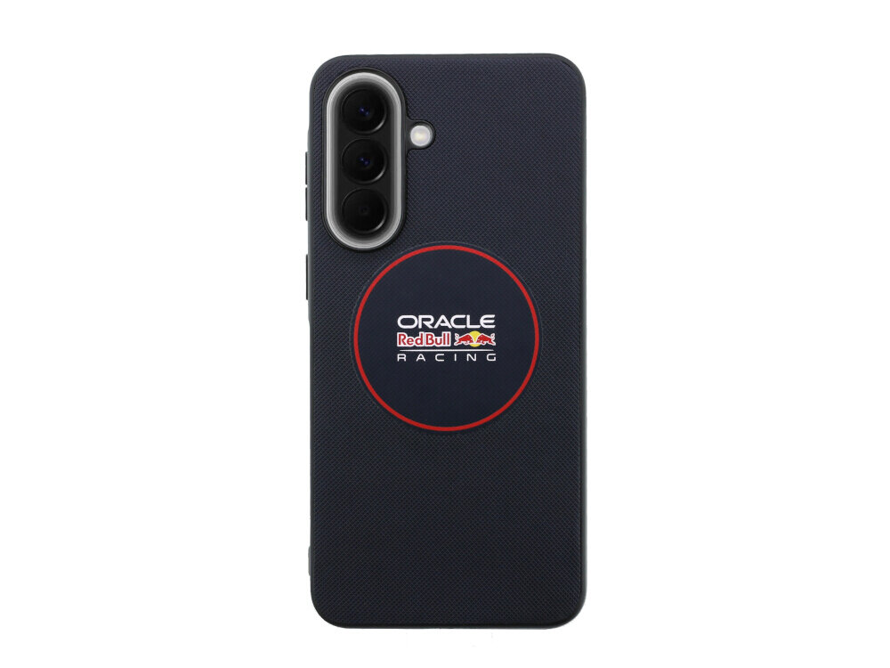 Granatowe etui z logo \'ORACLE Red Bull RACING\' w czerwonym okręgu, przeznaczone do telefonu z trzema obiektywami aparatu.
