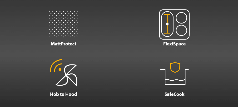 PŁYTA WHIRLPOOL MWS2260PCPNEBM Zestaw ikon prezentuje kluczowe funkcje płyty, takie jak MattProtect, FlexiSpace, Hob to Hood oraz SafeCook. Grafika ma formę prostych symboli na ciemnym tle matowa powierzchnia flexispace hob to hood safecook indukcja funkcje