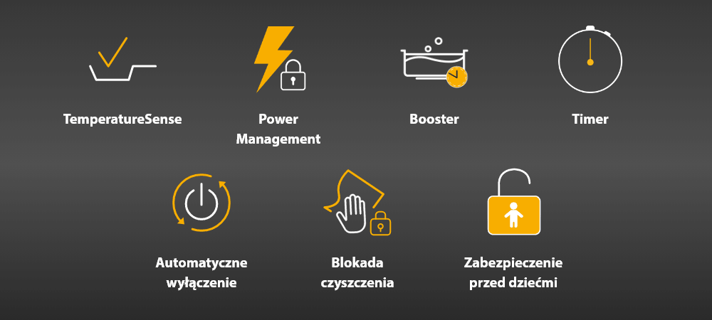 PŁYTA WHIRLPOOL MWS2260PCPNEBM Zestaw ikon opisuje funkcje takie jak TemperatureSense, Booster, Timer oraz zabezpieczenia użytkownika. Symbole są czytelne i ułożone na grafitowym tle temperaturesense power management booster timer blokada dzieci bezpieczeństwo