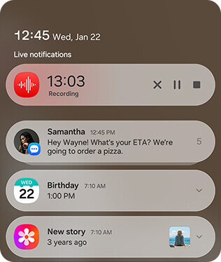 Ekran smartfona z powiadomieniami, w tym nagrywaniem o 13:03, wiadomością od Samanthy oraz przypomnieniem o urodzinach i nowej historii. Widoczna jest data: środa, 22 stycznia, godzina 12:45.