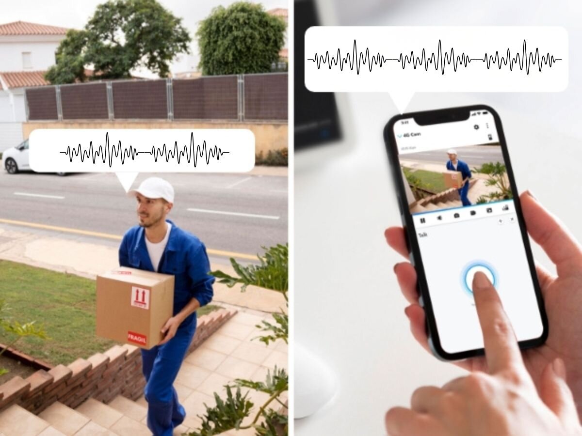 Po lewej stronie osoba w niebieskim stroju trzyma paczkę z napisem \'FRAGILE\', a nad nią widoczna jest ikona fal dźwiękowych. Po prawej stronie ręka trzyma smartfon z aplikacją kamery, na ekranie widać obraz osoby z paczką oraz ikonę fal dźwiękowych.