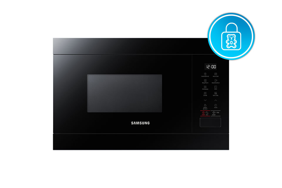Czarna kuchenka mikrofalowa z logo Samsung na froncie, z wyświetlaczem pokazującym godzinę 12:00 i przyciskami dotykowymi po prawej stronie. W prawym górnym rogu znajduje się niebieska ikona z napisem \'ECO\'.