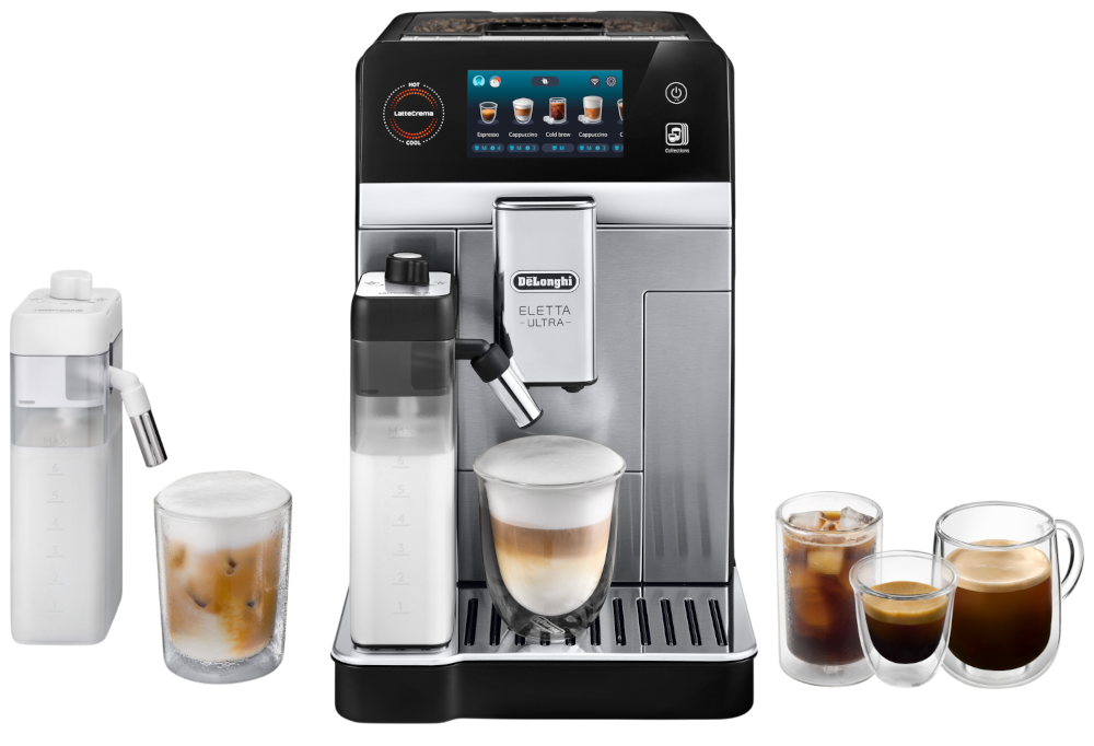 Ekspres do kawy z logo DeLonghi i napisem \'ELETTA ULTRA\' na przednim panelu, z wyświetlaczem pokazującym różne rodzaje kaw. Obok ekspresu znajdują się pojemniki na mleko oraz filiżanki z różnymi napojami kawowymi.