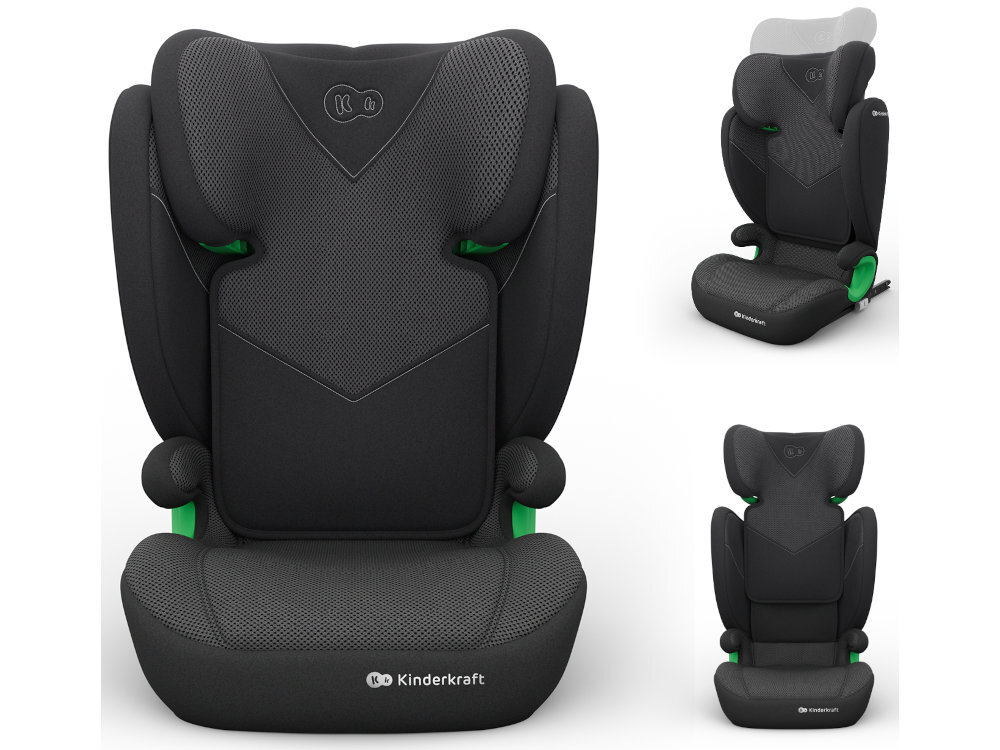 Fotelik samochodowy KINDERKRAFT Junior Fix 2 Plus i-Size 100-150 cm 15-36 kg Czarny białe tło fotelik w trzech ujęciach widoczny od przodu z opuszczonym zagłówkiem od przodu z podniesionym zagłówkiem od przodu pod skosem miękkie wypełnienie wyprofilowane siedzisko wspiera naturalną pozycję siedzącą dziecka pomaga ograniczyć dyskomfort dziecko może spokojniej spędzać czas w samochodzie