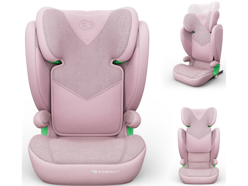 Fotelik samochodowy KINDERKRAFT Junior Fix 2 Plus i-Size 100-150 cm 15-36 kg Różowy białe tło fotelik w trzech ujęciach widoczny od przodu z opuszczonym zagłówkiem od przodu z podniesionym zagłówkiem od przodu pod skosem miękkie wypełnienie wyprofilowane siedzisko wspiera naturalną pozycję siedzącą dziecka pomaga ograniczyć dyskomfort dziecko może spokojniej spędzać czas w samochodzie