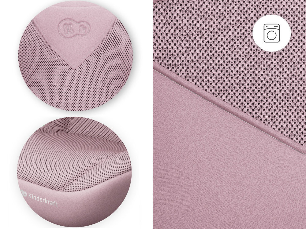 Fotelik samochodowy KINDERKRAFT Junior Fix 2 Plus i-Size 100-150 cm 15-36 kg Różowy dwa zbliżenia w kółkach na tapicerkę i logo trzecie zbliżenie na całą tapicerkę ikona pralki zdejmowana tapicerka prać ręcznie w temperaturze 30°C dziecko podróżuje w świeżym i higienicznym otoczeniu materiały trwałe i odporne na codzienne zabrudzenia prosty system zdejmowania
