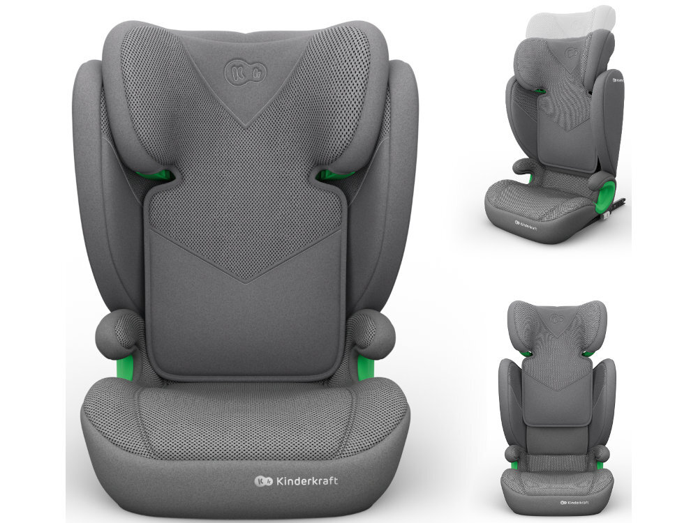 Fotelik samochodowy KINDERKRAFT Junior Fix 2 Plus i-Size 100-150 cm 15-36 kg Szary białe tło fotelik w trzech ujęciach widoczny od przodu z opuszczonym zagłówkiem od przodu z podniesionym zagłówkiem od przodu pod skosem miękkie wypełnienie wyprofilowane siedzisko wspiera naturalną pozycję siedzącą dziecka pomaga ograniczyć dyskomfort dziecko może spokojniej spędzać czas w samochodzie