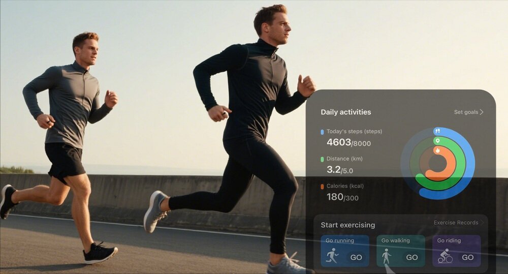 Dwóch mężczyzn biegnie po drodze, ubrani w sportowe stroje. Obok nich widoczny jest interfejs aplikacji z informacjami o aktywności fizycznej: kroki 4603/8000, dystans 3.2/5.0 km, kalorie 180/300, oraz opcje \'Go running\', \'Go walking\', \'Go riding\'.