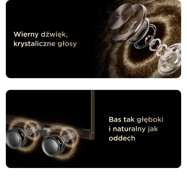 Obraz przedstawia wizualizację głośników z efektem rozchodzących się fal dźwiękowych. Widoczny tekst: \'Wierny dźwięk, krystaliczne głosy\' oraz \'Bas tak głęboki i naturalny jak oddech\'.